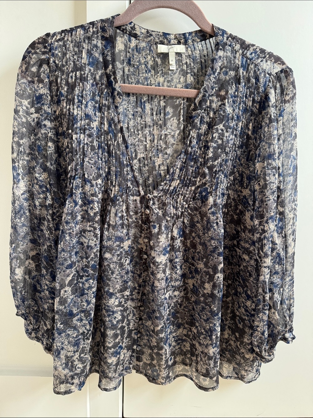 Joie Sheer Pintuck Floral Blouse in Blue and Gray